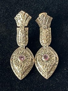 Vintage Gold Tone Ornate Clip-On Earrings Pink Rhinestone Drops