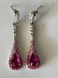 Unmarked Pink Crystal Teardrop Dangle Earrings Rhinestone Drop Pair