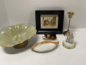 Vintage Home Decor Lot Ceramic Bowl Brass Candlestick Framed Print