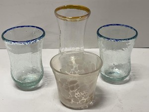 Hand Blown Crackle Glass Tumblers & Iridescent Votive Holder Set