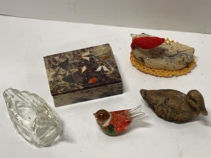 Vintage Bird Decor Lot Soapstone Box Glass Duck Art Glass Pincushion