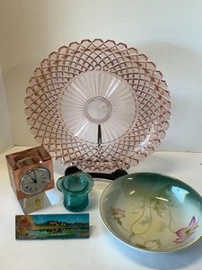 Vintage Decorative Glass Porcelain Tabletop Assortment Plate Bowl Clock