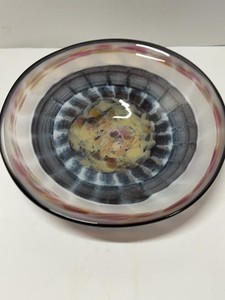 Signed Studio Art Glass Footed Bowl Abstract Gray Multicolor 10.5in