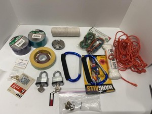 Lot of Assorted Hardware Supplies Rope Locks Tape Carabiners