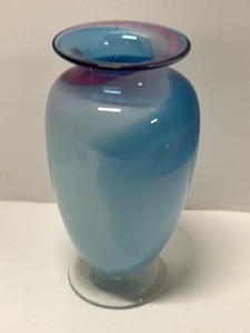 Signed Pilatas Art Glass Vase Blue Purple Swirl Flared Rim 10in