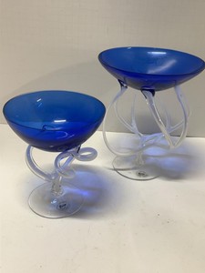 Pair of Alicja Hand Blown Cobalt Blue Art Glass Pedestal Bowls