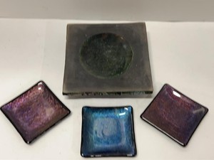 Signed Studio Art Glass Trinket Dishes Iridescent Square Set of 4