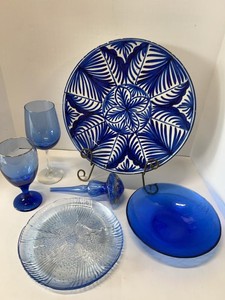 Blue Art Pottery & Glass Decor Lot Talavera Plate Bowls Stemware