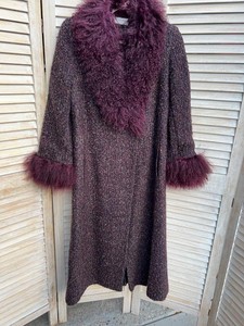 Madeline Boucle Long Coat Burgundy Faux Fur Trim Women��s Size 8