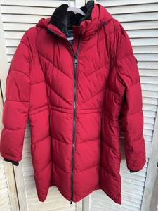 DKNY Womens Red Hooded Puffer Parka Coat Faux Fur Collar XL