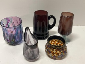 Lot of Assorted Art Glass Drinkware & PartyLite Mosaic Candle Holder