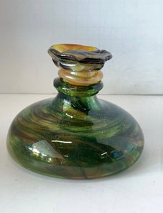 Hand Blown Studio Art Glass Vase Green Swirl Ruffled Rim Decor