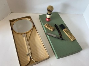 Vintage Mens Shaving Vanity Lot Mirror Straight Razor Brush Hone
