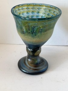 OULU GLASS WORKS Hand Blown Art Glass Footed Vase Blue Green Controlled Bubble