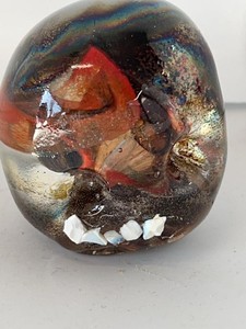 Hand Blown Iridescent Art Glass Skull Paperweight Red Black Decor