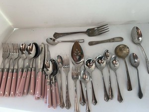 Mixed Stainless Flatware & Pink Handle Utensil Lot Serving Pieces