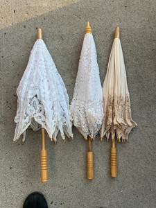 Set of 3 Vintage Lace Parasols Wood Handle White Ivory 27in