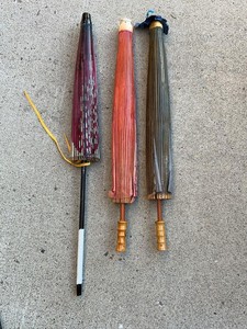 Set of 3 Vintage Asian Paper Parasol Umbrellas Bamboo Wood Handles