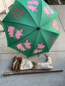 1994 Pam Marker Designer Deck The Hogs Holiday Promotional Umbrella w Brocade Stocking &amp Brass Topped Walking Stick