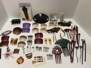 Vintage Hair Accessory Lot Combs Barrettes Sticks Feather Tortoise