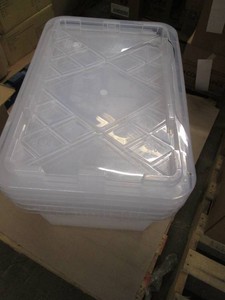 3 NewLarge plastic totes, lids are cracked