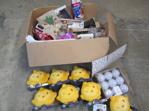 Box of clearance and damaged package items from a major retailer