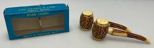 Collectible Stag Horn Tobacco Pipe Salt And Pepper Shaker Set In Original Box
