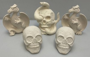 Misc. Unpainted Ceramic Skulls And Dragons