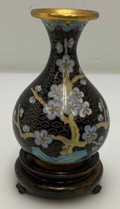 Vintage Unique 4 Copper Cloisonne Vase With Wooden Stand