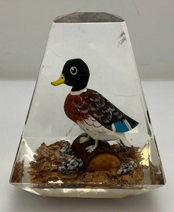Large Mid Century Lucite Paperweight With Mallard Duck Figurine 5