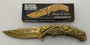 New Heavy Metal Ornate Skull Themed Blazing Inferno Gold Folding Pocked Knife