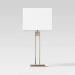 Window Pane Table Lamp with USB Nickel - Threshold Modern Metal Body, Linen Cylinder Shade,
