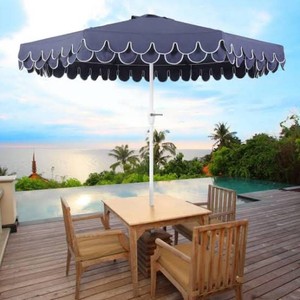 Tracy 9 ft. Scalloped Fringe Market Patio Umbrella with Auto-Tilt, Crank, Wind Vent and UV Protection in NavyWhite