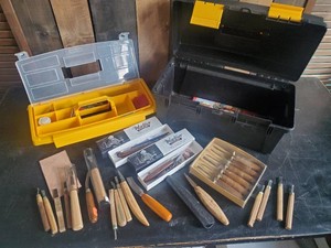 Large Collection of Wood Carving Tools in Box