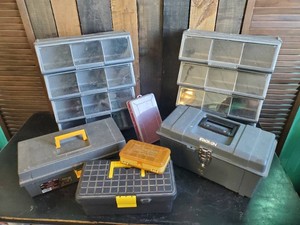 Large Collection of Tool Boxes and Hardware Cubbie Cabinets