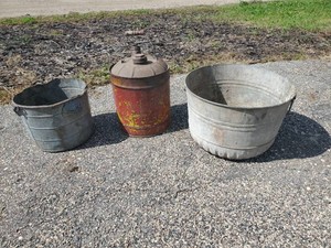 2 Uniique Metal Buckets and 5 Gallon Wood Handle Can
