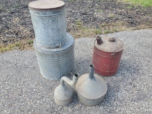 Nice Collection of Metal Containers, Can, and Funnels