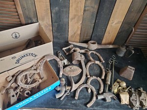Nice collection of antique Tools Horseshoes cowbell and more