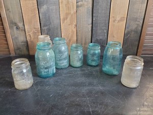 Collection of Vintage Blue Canning Jars and more