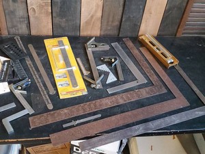 Lot of Measuring tools with Combination Squares in tote with lid