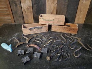 Large collection of Hardware  Hooks Drawer Pulls and 3 Cheese Boxes