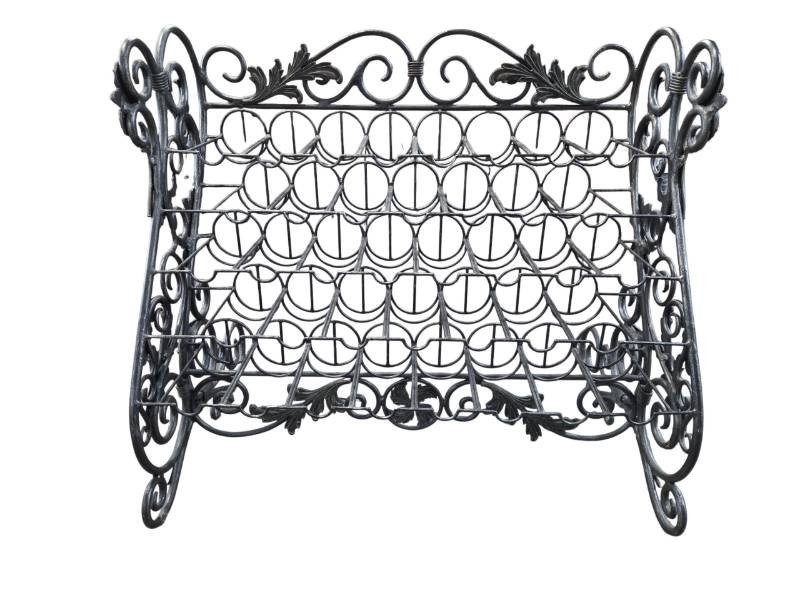 Ornate black wrought iron wine rack