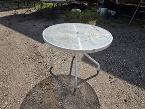 Round Glass-Top Patio Table with White Metal Frame