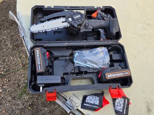 O-CONN 24V Mini Chainsaw Set including Chainsaw, Batteries, Charger, and Accessories