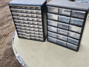 Plastic Hardware Storage Cabinets including Drawers of Screws and Bolts - Left one is empty
