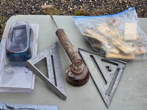 Lot of Metal Speed Squares, Plumb Bob, Torch Goggles