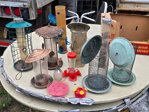 Lot of Bird Feeders and Hummingbird Feeders Including Various Styles and Materials
