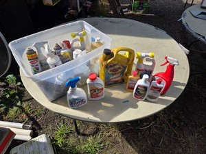 Lot of Household Cleaning and Maintenance Supplies including Pennzoil Marine Oil, Febreze, Iron Out, and Magic Glass Cooktop Cleaner - Most are partials