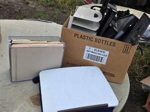 Lot of Office Supplies including File Holders, Clipboard, and Document Organizer