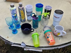 Lot of Assorted Drinkware Including Water Bottles, Tumblers, and Mugs